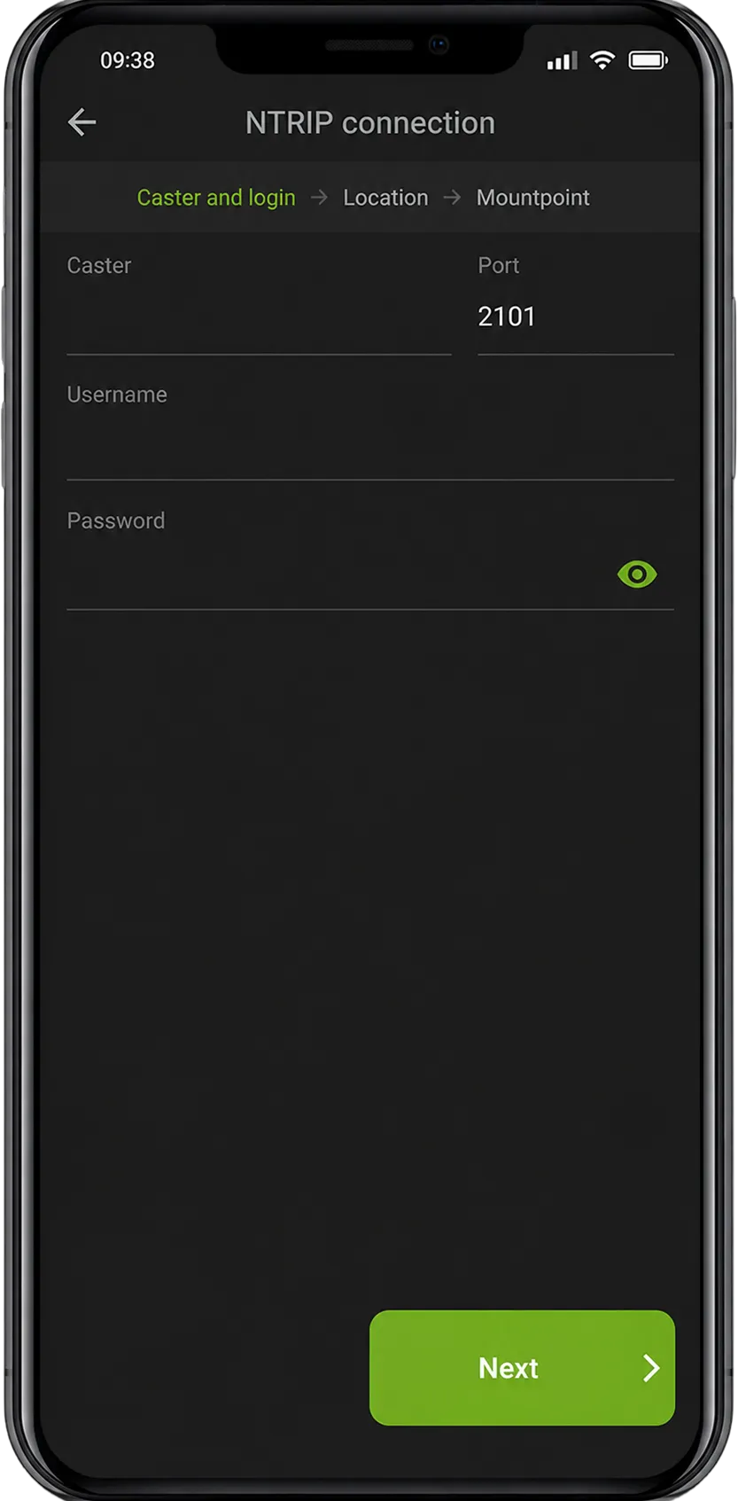 NTRIP connection setup form with fields for caster, port, username and password.