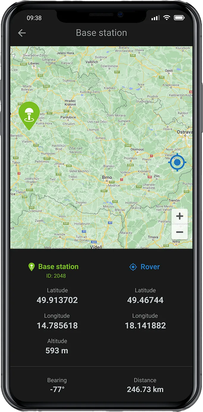 Base station map with base and rover coordinates, altitude and baseline distance.